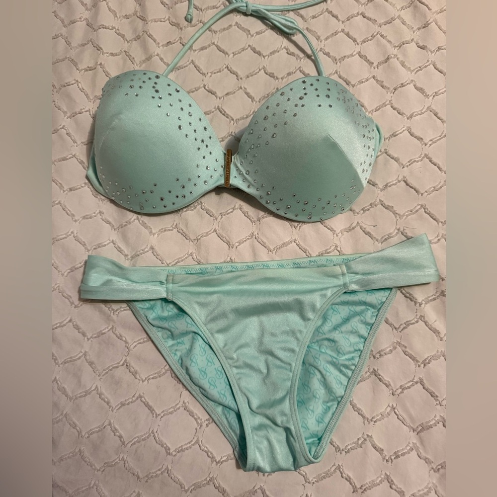 Victoria's Secret Mint Green Rhinestone Bikini Set 34D/small